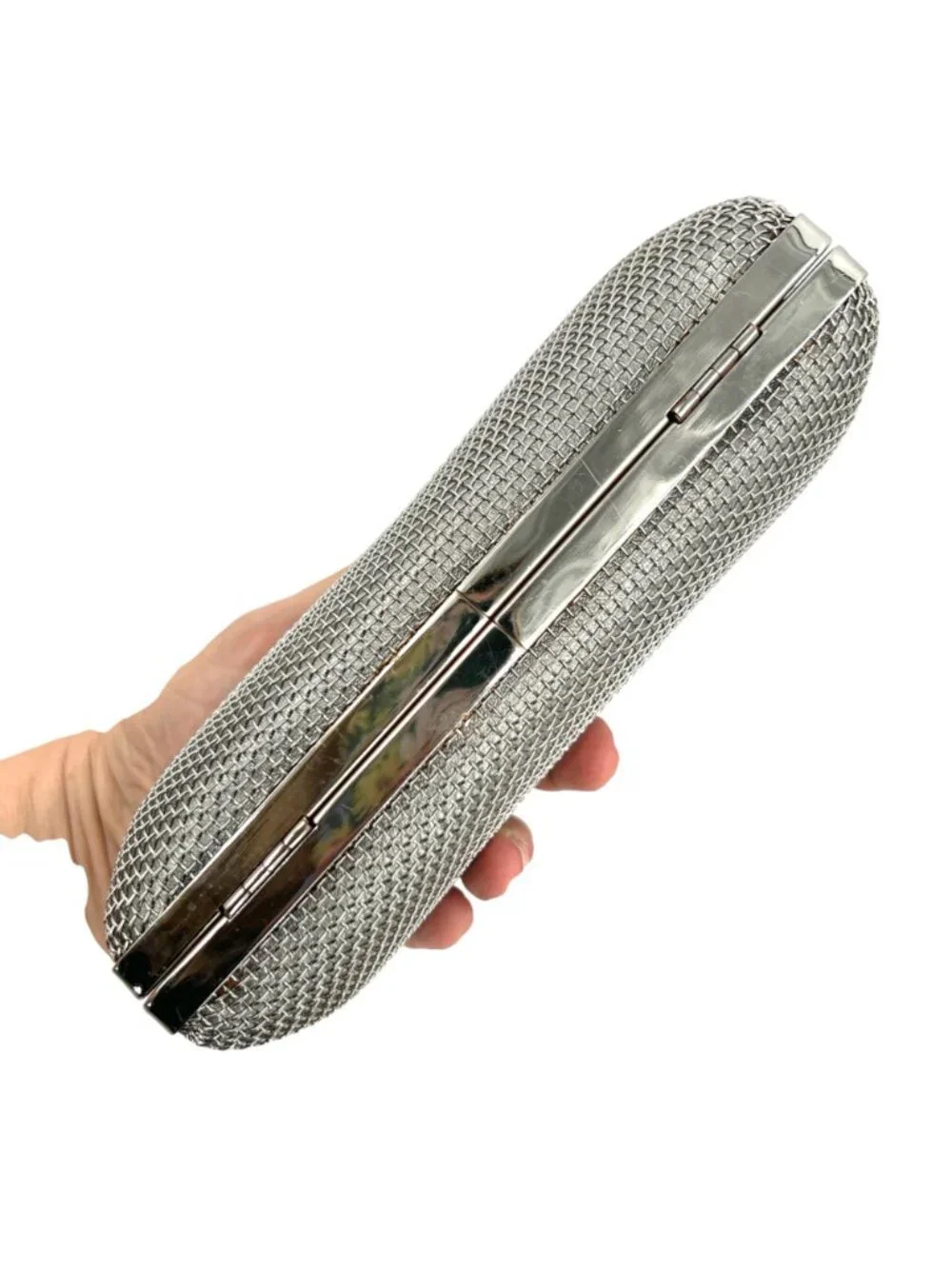Oroton Freize Woven Silver Mesh Box Clutch Chain Strap Evening Glamour Retro
